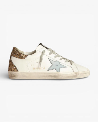Golden Goose Super‑Star Sneakers Light Blue Star Gold Glitter Croc Heel