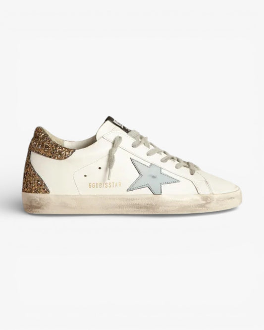 Golden Goose Super‑Star Sneakers Light Blue Star Gold Glitter Croc Heel