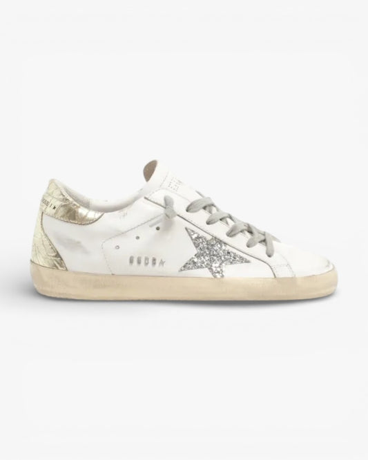 Golden Goose Super-Star Sneakers with Silver Glitter Star