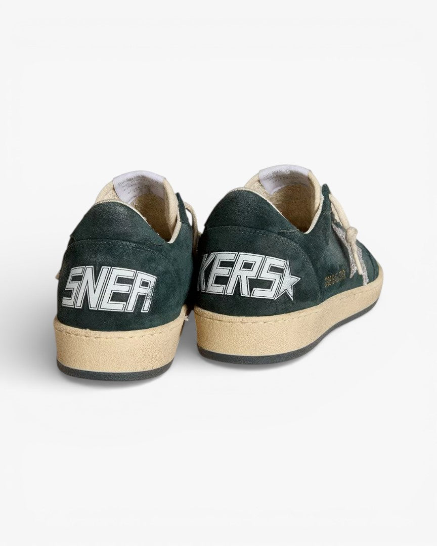 Golden Goose Ball Star Green Suede Sneakers with Silver Glitter Star
