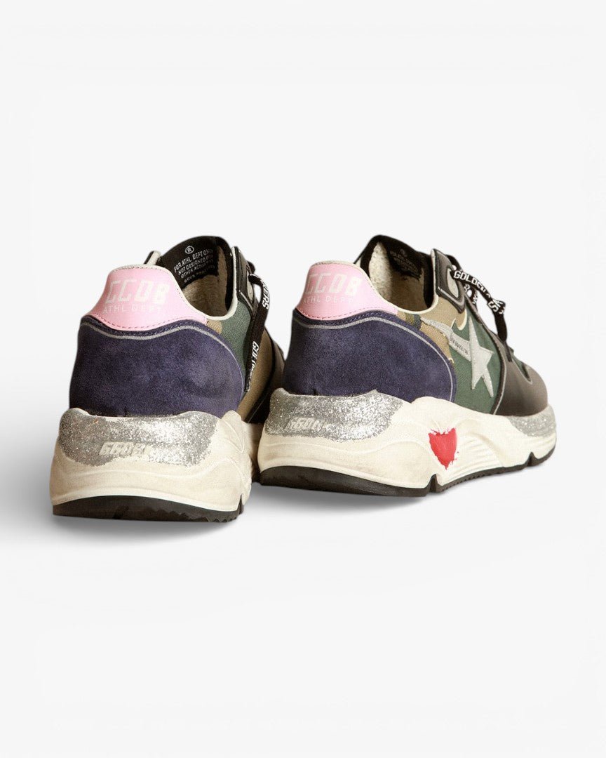Running Sole sneakers in camouflage canvas with silver laminated leather star and baby-pink leather