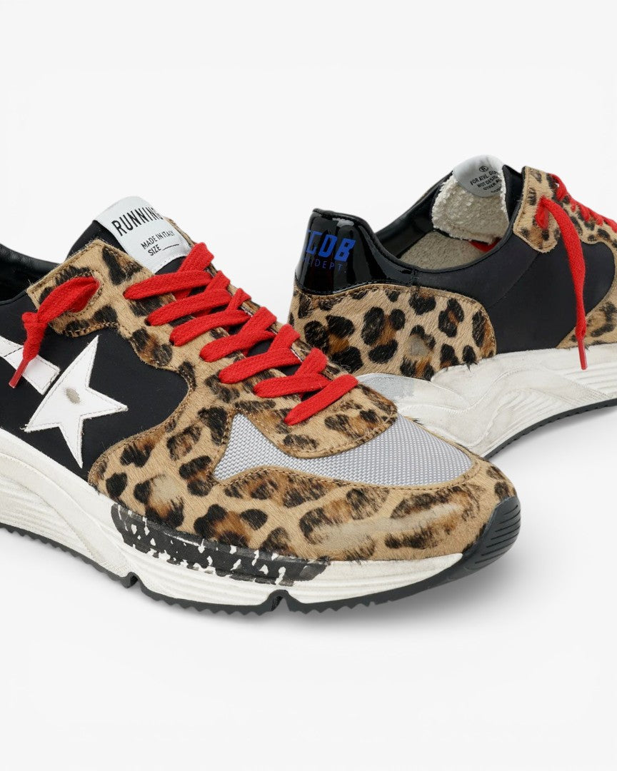 Golden Goose Running Sole Sneakers Leopard-Print Pony Skin Red Laces