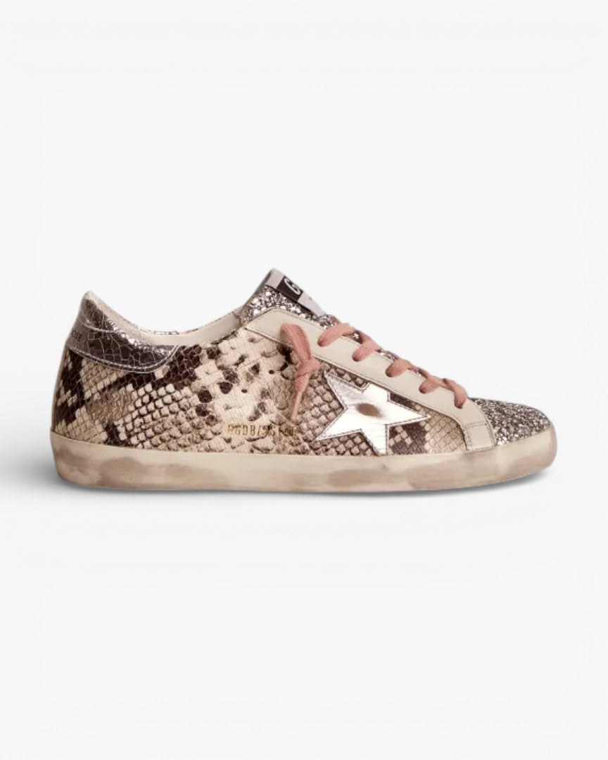 Golden Goose Super-Star LTD Sneakers with Snake Print and Glitter