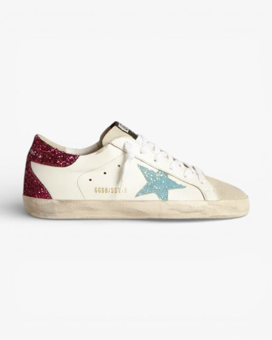 Golden Goose Super‑Star Sneakers Light Blue Glitter Star Purple Glitter Heel