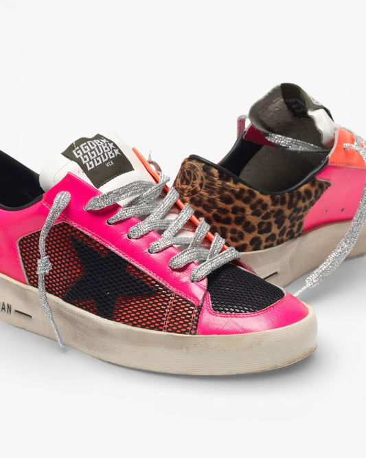 Golden Goose Fluorescent Patchwork Leopard Heel Stardan Sneakers