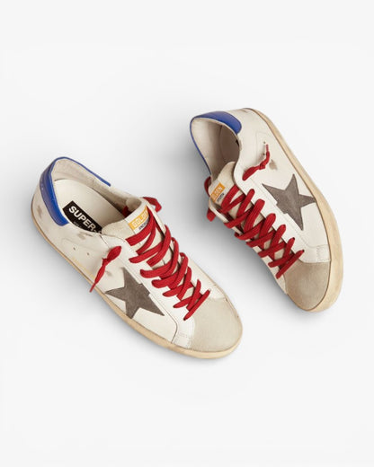 Golden Goose Super-Star Sneakers with Blue Heel Tab and Red Laces