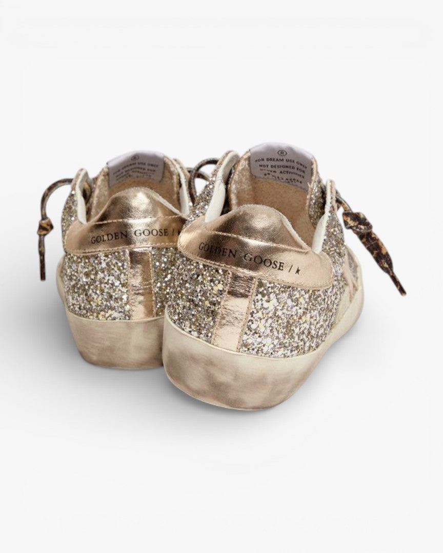Golden Goose Super-Star Platinum Glitter Sneakers with Tone-on-Tone Leather Star and Heel Tab