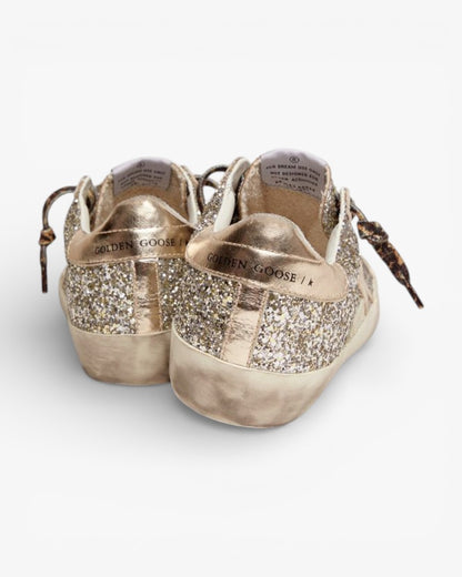 Golden Goose Super-Star Platinum Glitter Sneakers with Tone-on-Tone Leather Star and Heel Tab