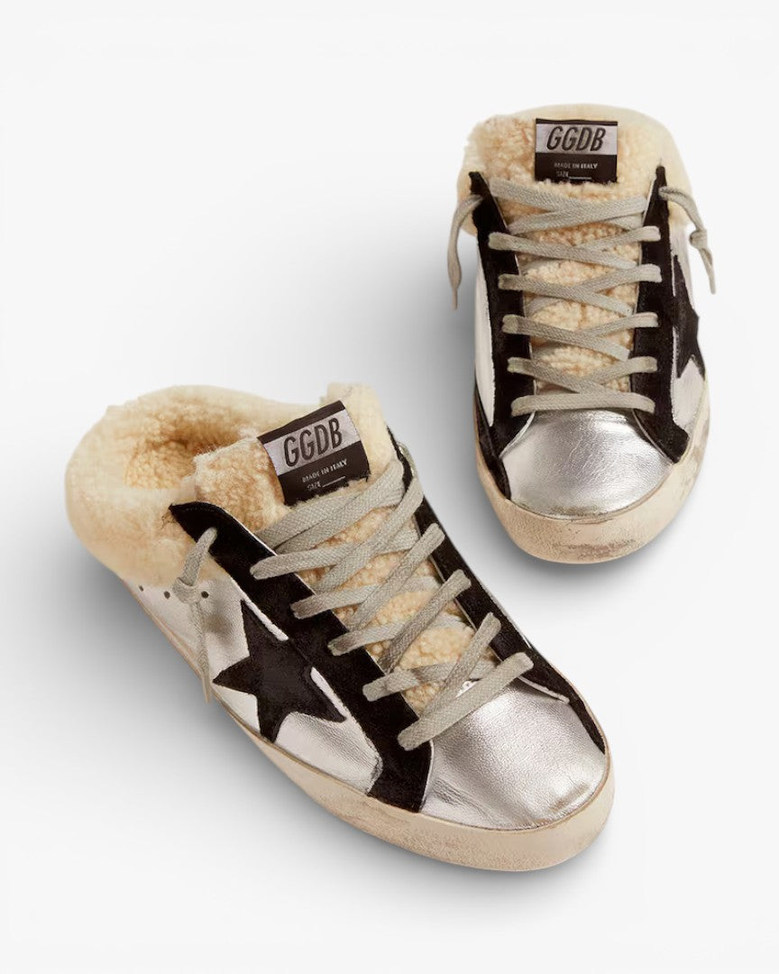 Golden Goose Women’s Super-Star Sabot Silver Laminated Leather Black Star