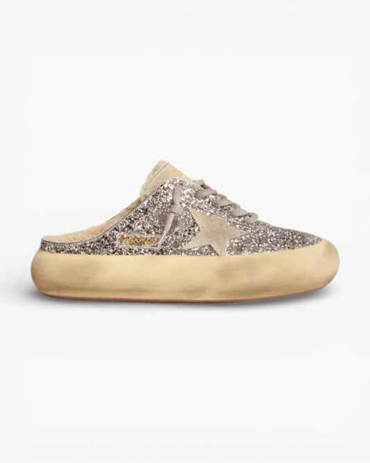 Golden Goose Space Star Silver Glitter Shearling Sneakers