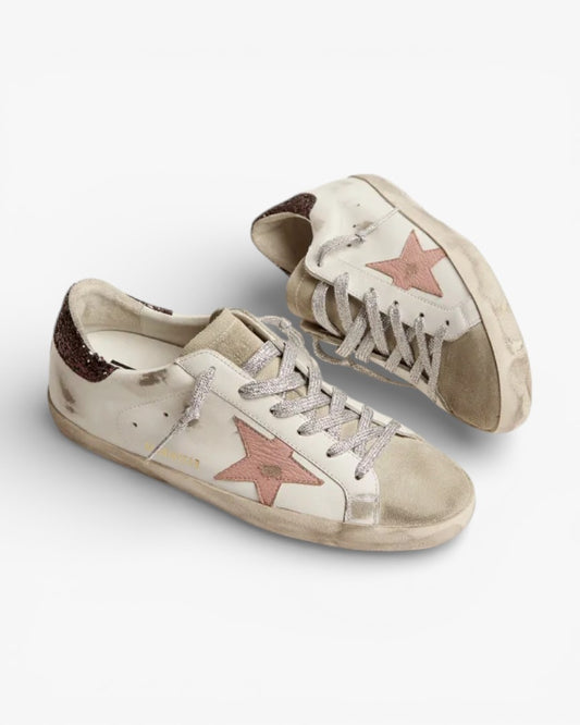 Golden Goose Super‑Star Sneakers Brown Glitter Heel Pink Crackled Star