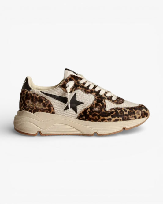 Golden Goose Running Sole Sneakers Cream Mesh Leopard-Print Pony Skin Black Leather Star