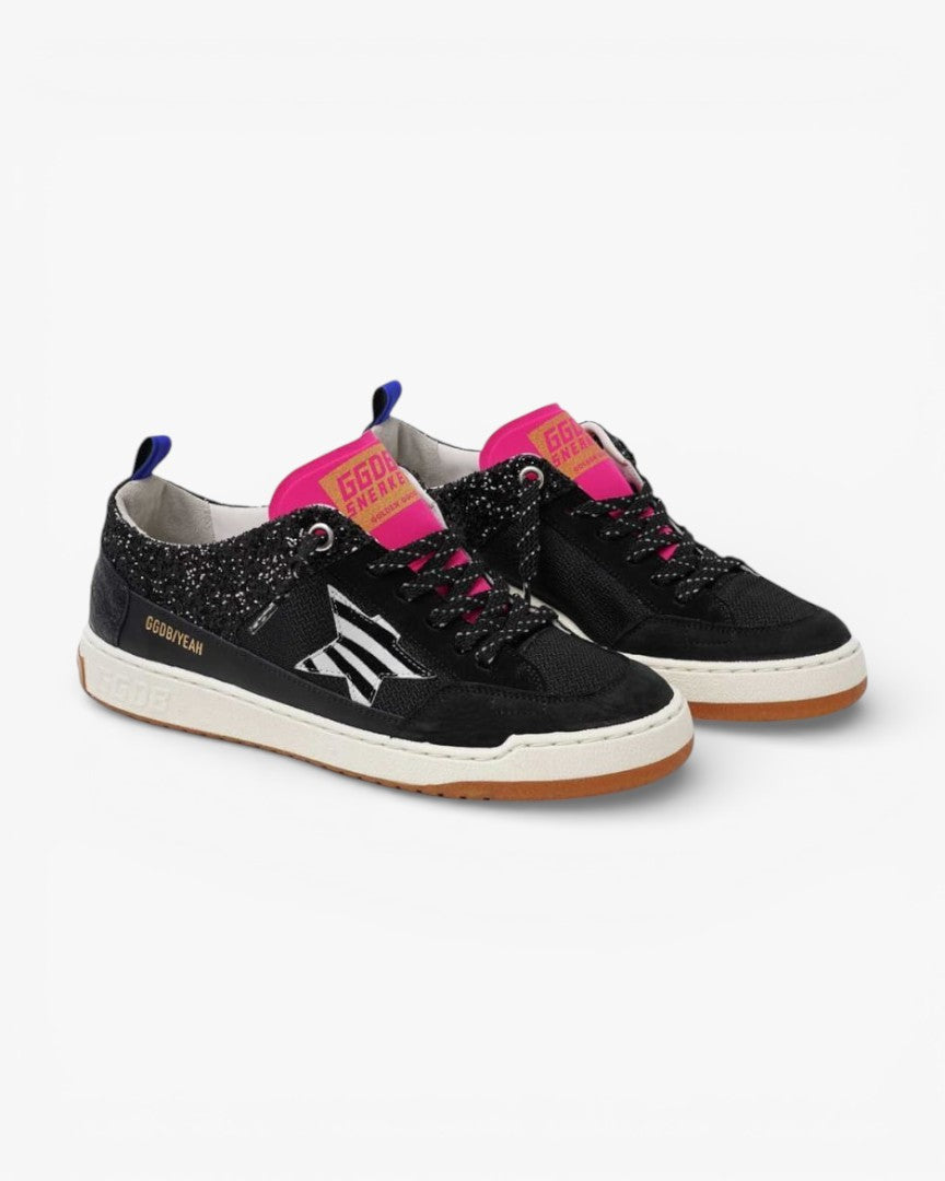 Golden Goose Yeah Black Leather Sneakers Glitter Zebra Star
