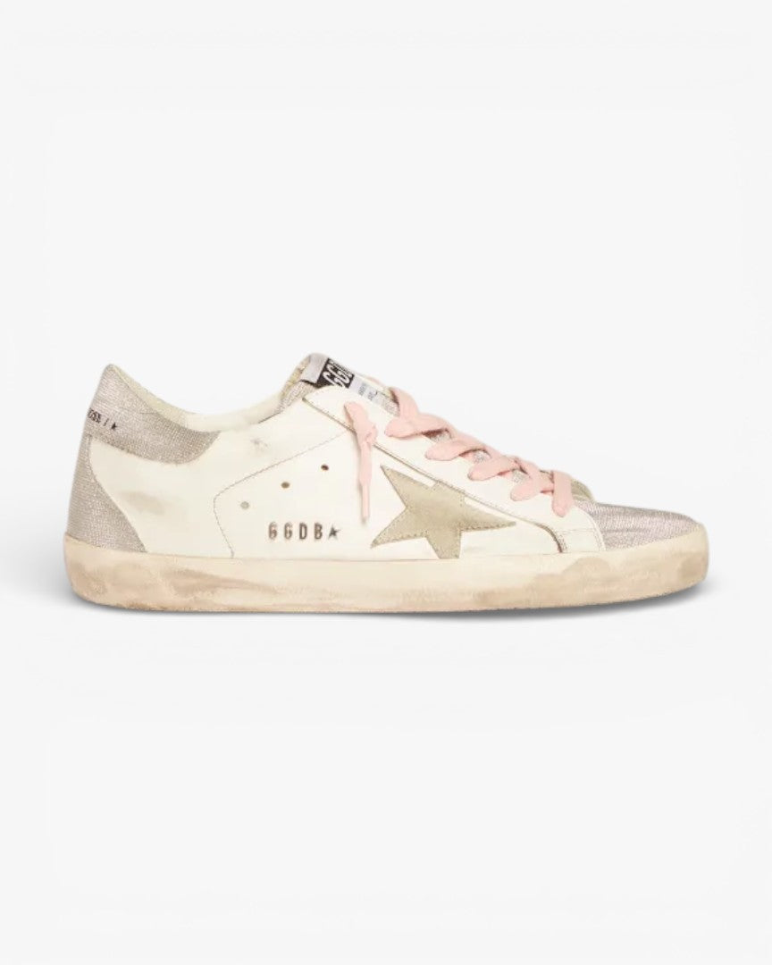 Golden Goose Super-Star Sneakers with Silver Glitter Tongue and Checkered Heel Tab