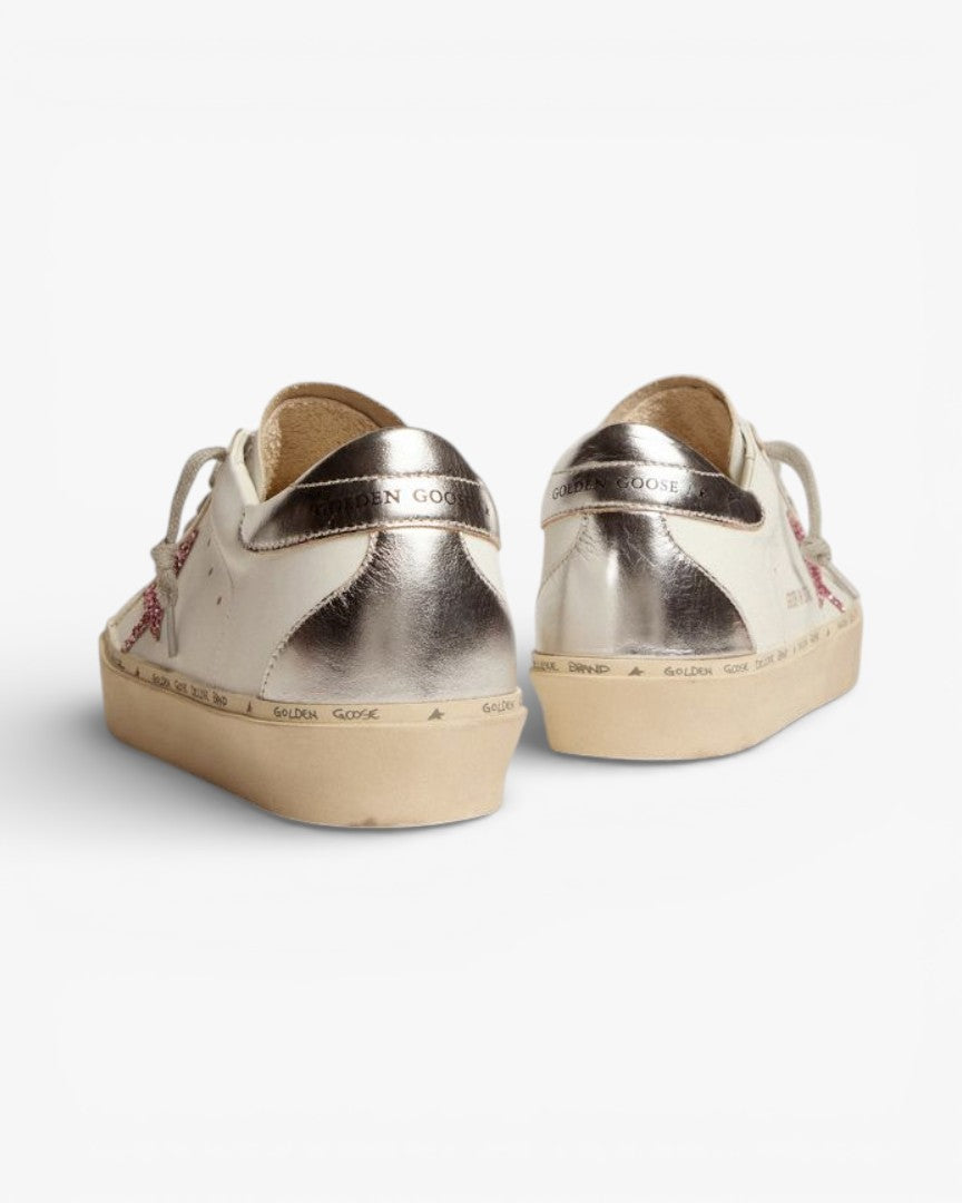 Golden Goose Hi-Star Sneakers Silver Laminated Leather Heel Tab Pink Glitter Star