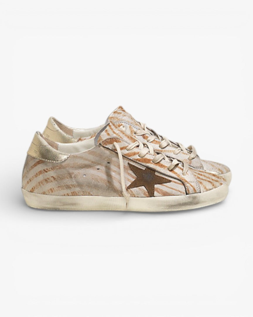 Golden Goose Super‑Star Sneakers White Leather Gold Zebra Suede Star