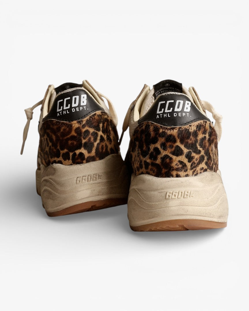 Golden Goose Running Sole Sneakers Cream Mesh Leopard-Print Pony Skin Black Leather Star