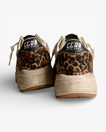 Golden Goose Running Sole Sneakers Cream Mesh Leopard-Print Pony Skin Black Leather Star