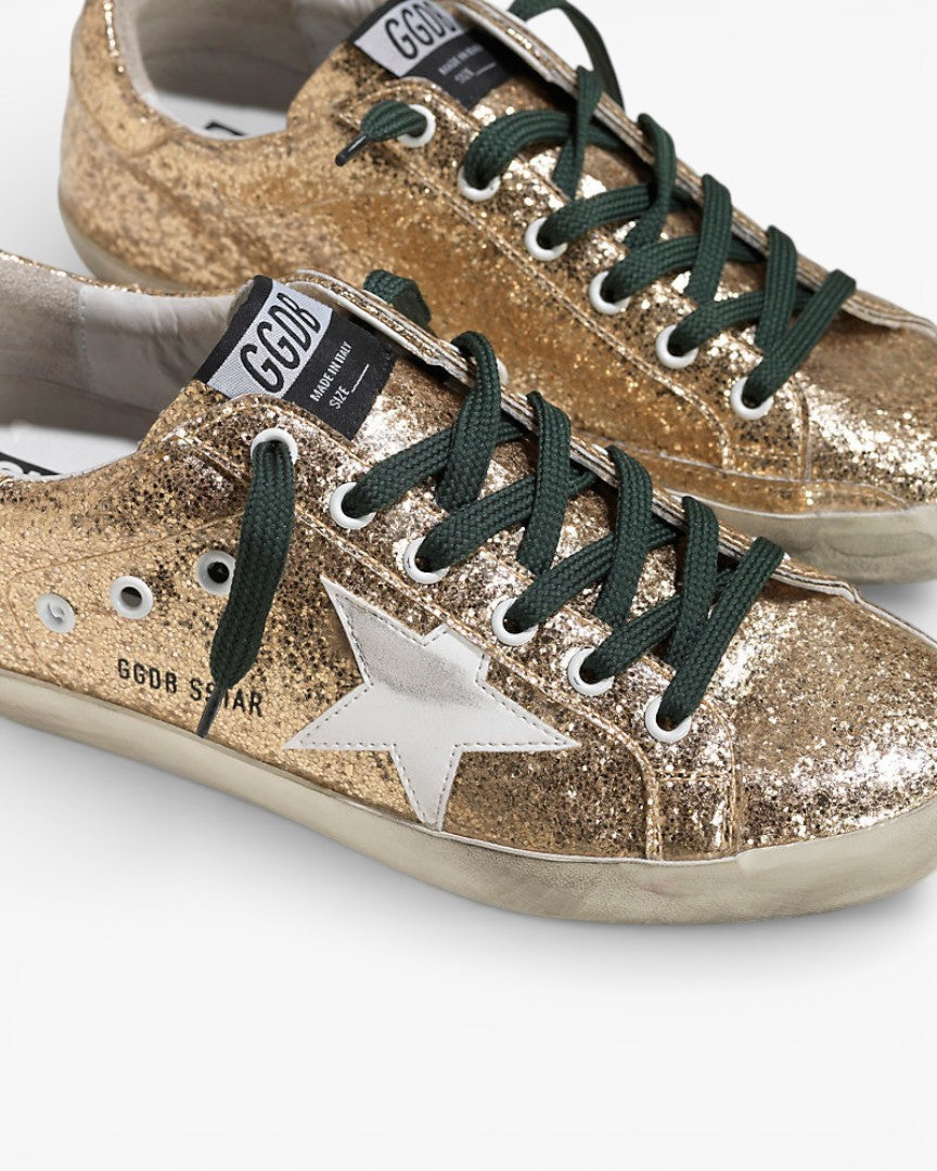 Golden Goose Super‑Star Sneakers Gold Glitter Emerald Leather
