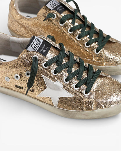 Golden Goose Super‑Star Sneakers Gold Glitter Emerald Leather