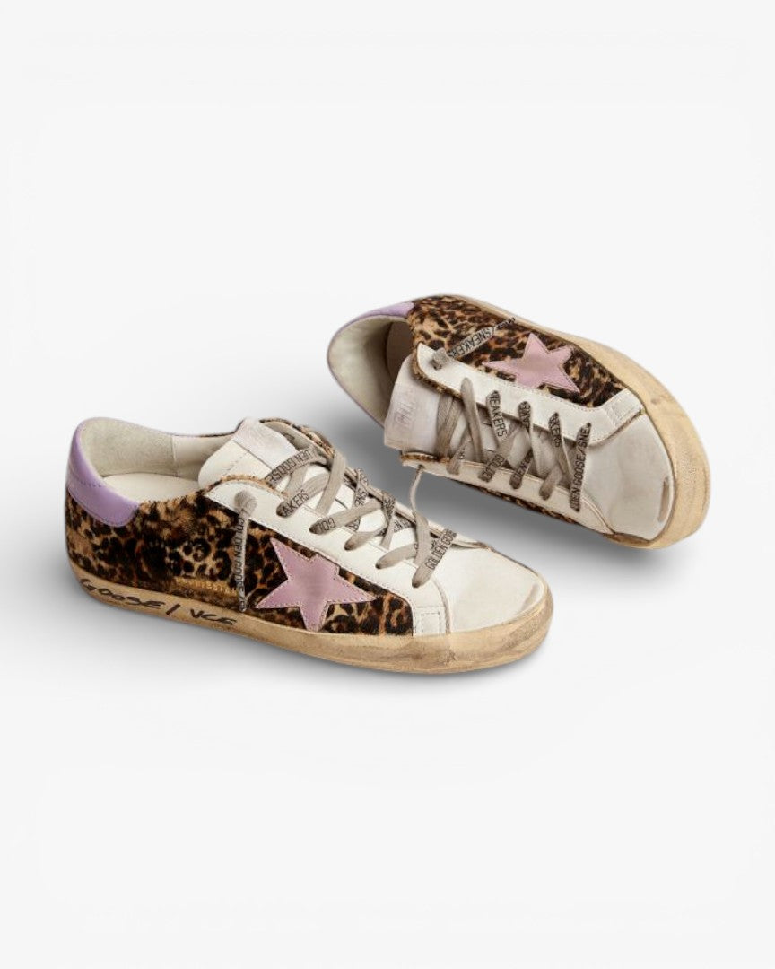 Golden Goose Super-Star LTD Leopard-Print Sneakers with Salmon Leather Star