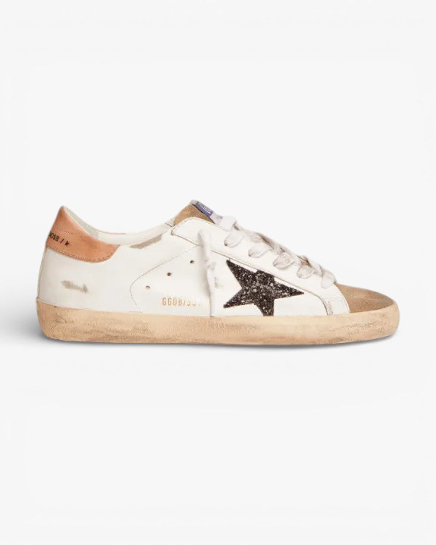 Golden Goose Super-Star Sneakers with Black Glitter Star and Old-Rose Heel Tab