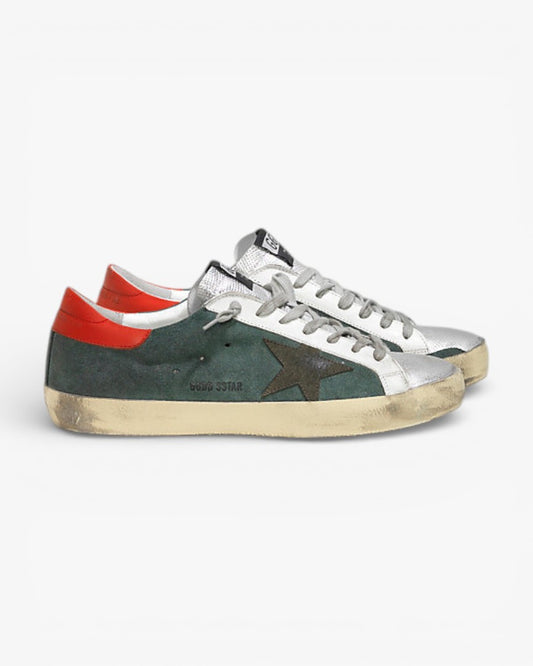 Golden Goose Super‑Star Sneakers Green Suede Red Silver Star