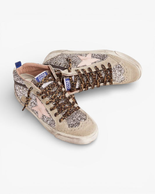 Golden Goose Mid Star Sneakers Silver Glitter Upper Pale Pink Star