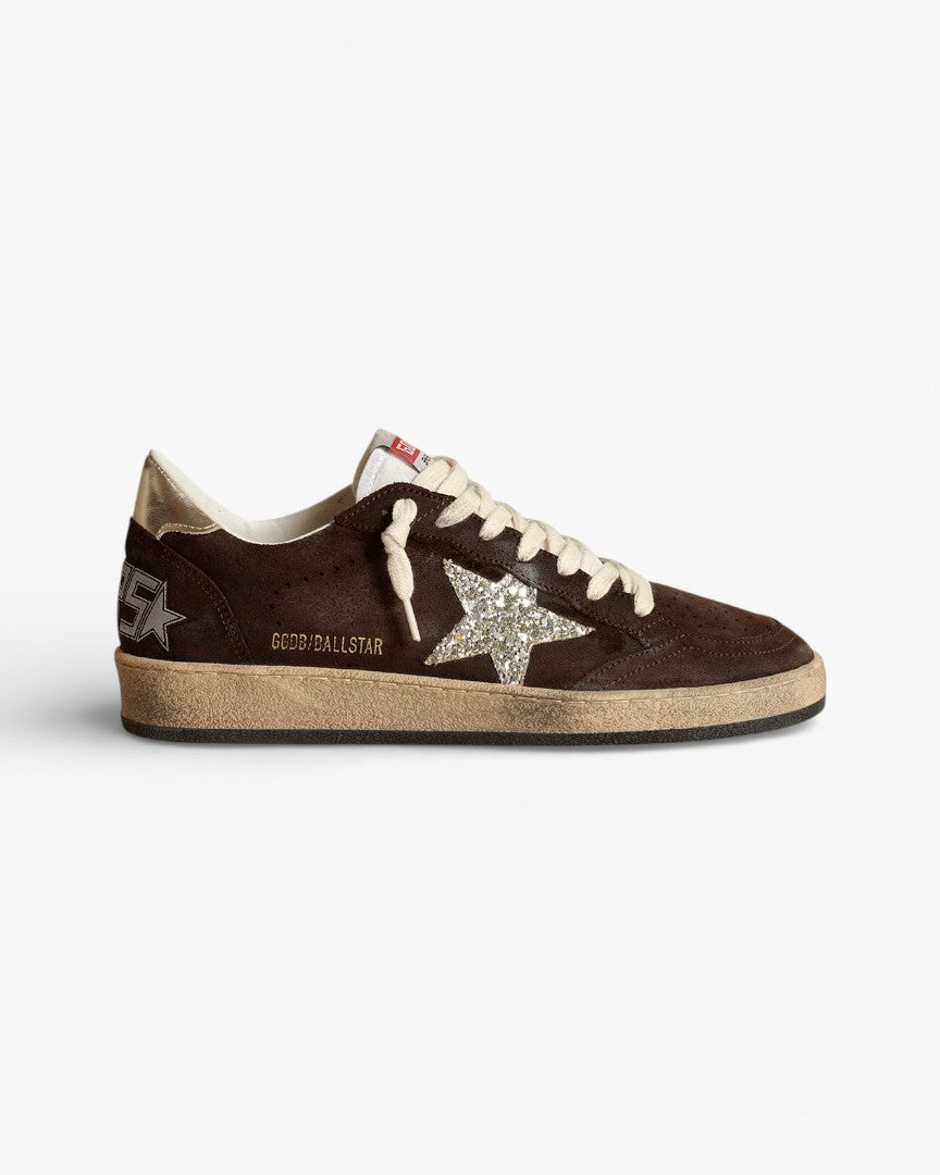 Golden Goose Ball Star Brown Suede Sneakers Platinum Glitter Star