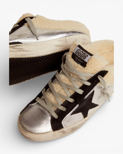 Golden Goose Women’s Super-Star Sabot Silver Laminated Leather Black Star