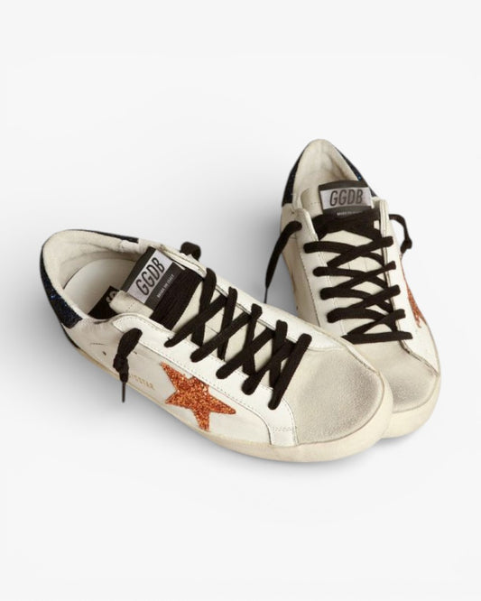 Golden Goose Super‑Star Sneakers Peach Pink Glitter Star Blue Glitter Heel