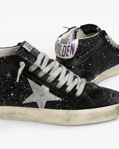 Golden Goose MID STAR Sneakers Pelle All Over Glitter Stella Pelle Laminata Black Glitter