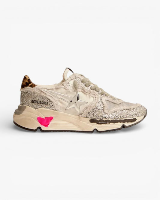 Golden Goose Running Sole Sneakers Nylon Silver Glitter Leopard-Print Pony Skin Heel Tab