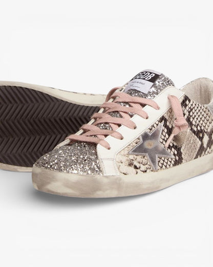 Golden Goose Super-Star LTD Sneakers with Snake Print and Glitter