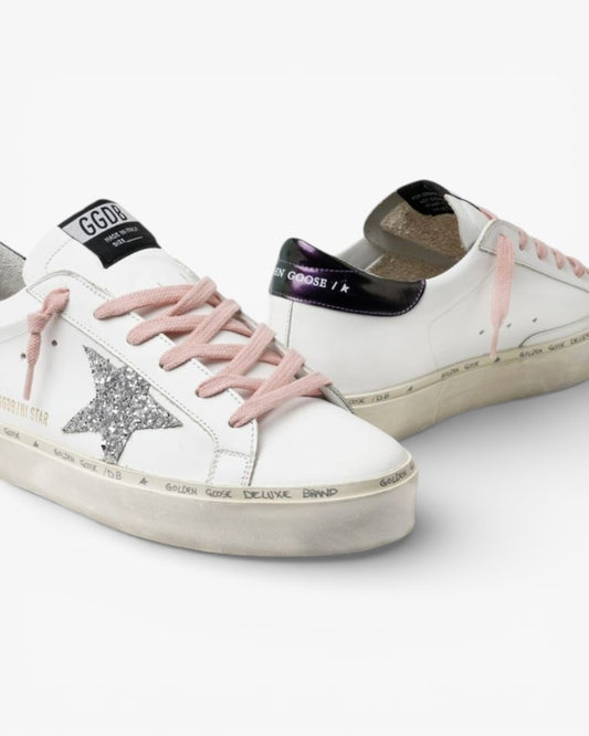 Golden Goose White Hi-Star Sneakers Glittery Star Pink Laces
