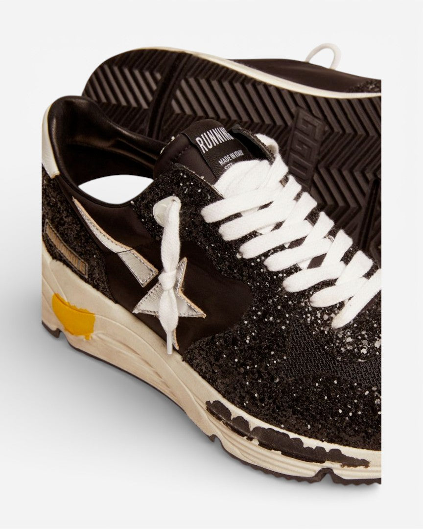 Golden Goose Running Sole Sneakers Black Nylon Glitter Silver Laminated Leather Star