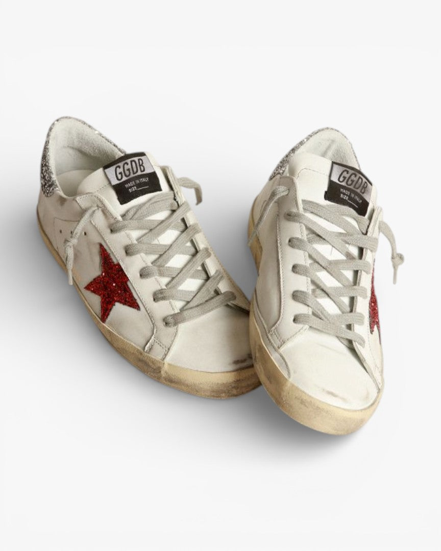 Golden Goose Super‑Star Sneakers White Leather Red Glitter Star
