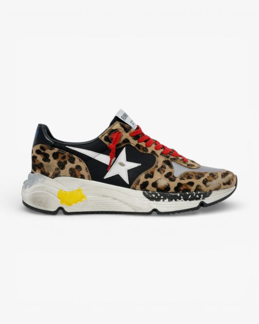 Golden Goose Running Sole Sneakers Leopard-Print Pony Skin Red Laces
