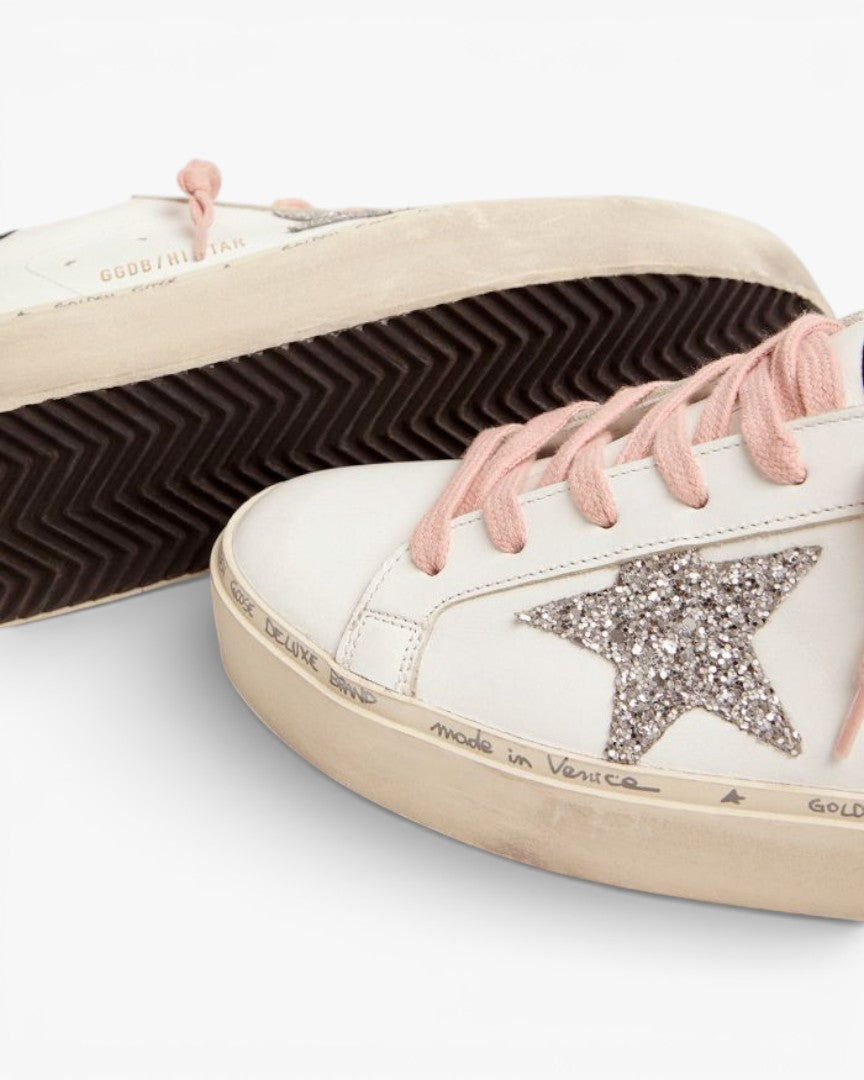 Golden Goose White Hi-Star Sneakers with Glittery Star and Pink Laces