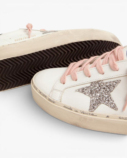 Golden Goose White Hi-Star Sneakers with Glittery Star and Pink Laces