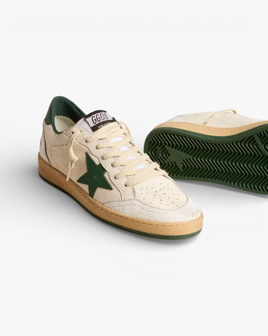 Golden Goose Ball Star White Leather Sneakers with Green Star