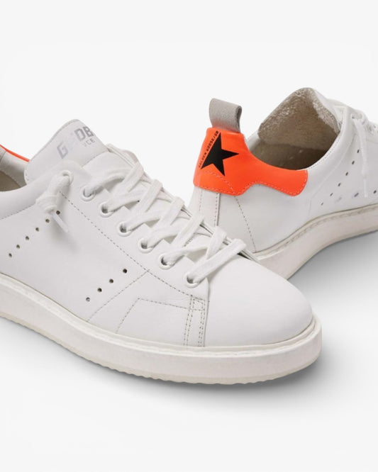 Golden Goose White Starter Sneakers with Fluorescent Orange Heel Tab
