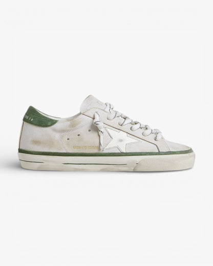 Golden Goose Women’s Super-Star LTD White Leather Star Green Suede Heel Tab