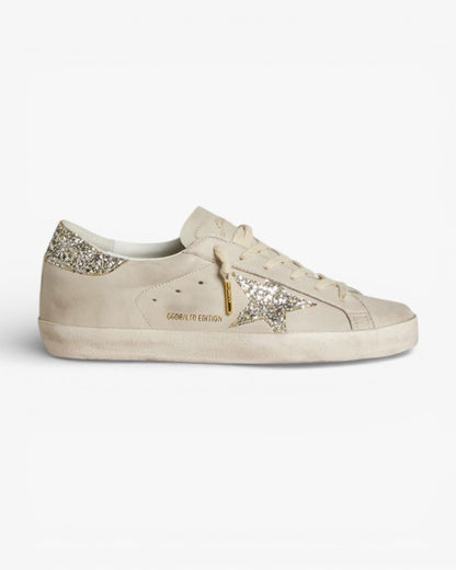 Golden Goose Women’s Super-Star LTD Ivory Nappa Leather Platinum Glitter Star Heel Tab