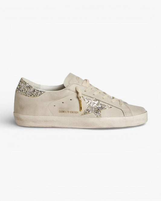 Golden Goose Women’s Super-Star LTD Ivory Nappa Leather Platinum Glitter Star Heel Tab