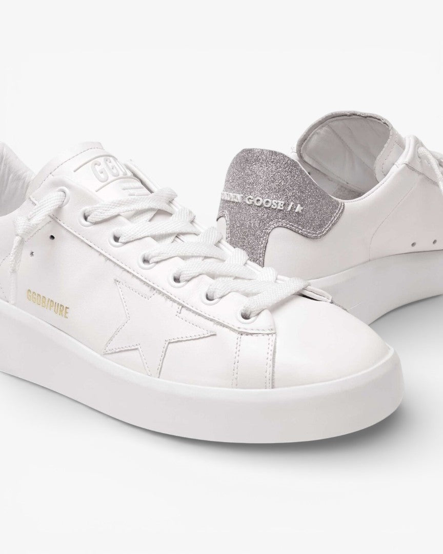 Golden Goose Purestar White Leather Sneakers Silver Glitter Heel
