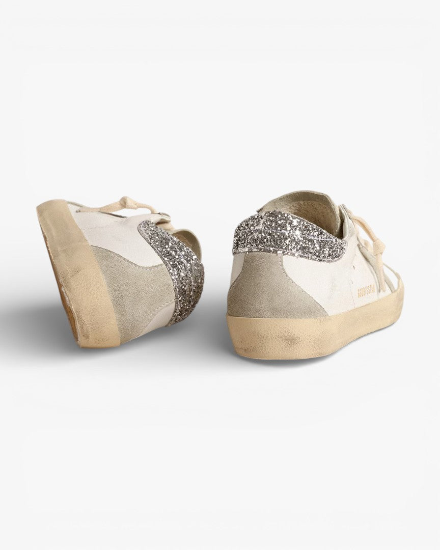 Golden Goose Women’s Super-Star Gray Star Silver Glitter Heel Tab