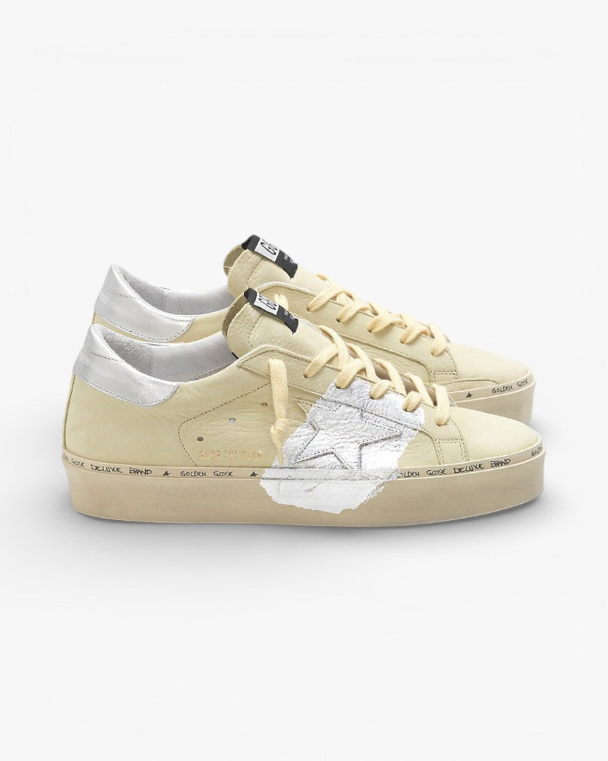 Golden Goose Hi-Star Sneakers G34WS945.C5 Lemon Nabuk Leather Real Silver Leaf Handwritten Branding