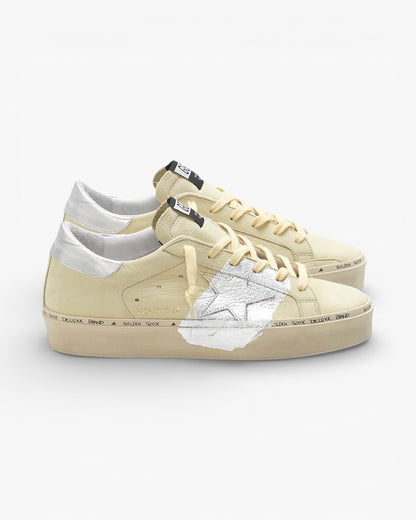 Golden Goose Hi-Star Sneakers G34WS945.C5 Lemon Nabuk Leather Real Silver Leaf Handwritten Branding