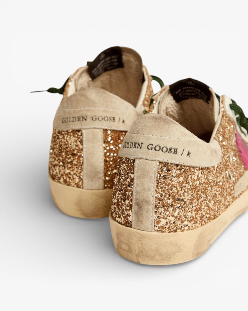 Golden Goose Super-Star Gold Glitter Sneakers with Pink Star